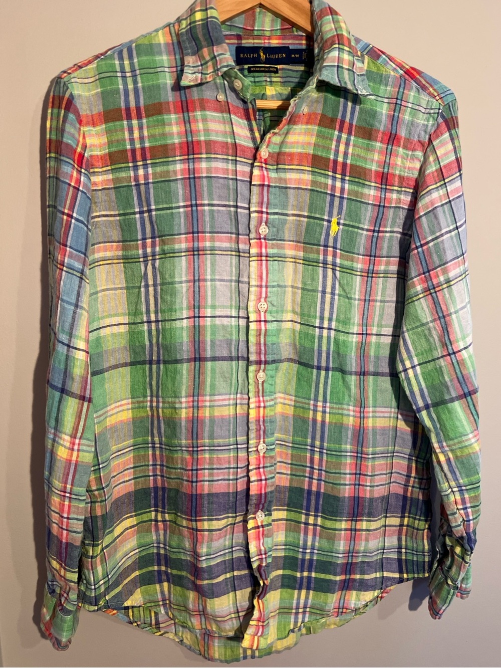 Ralph Lauren Vintage Multi-Color Green Plaid Linen Button-Down Shirt